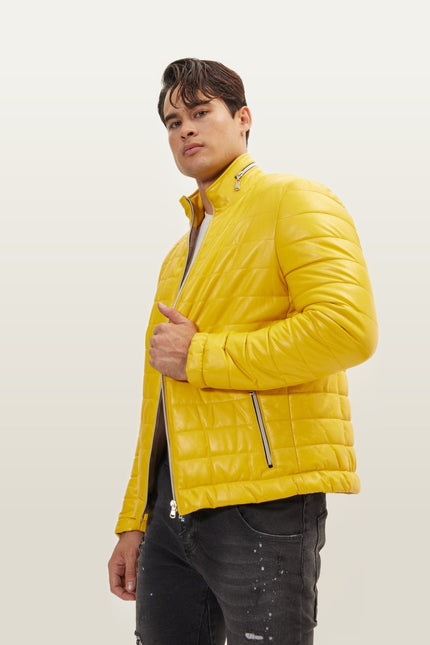 Lambskin Leather Puffer Jacket - Yellow
