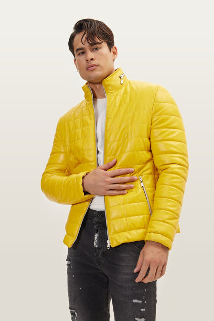 Lambskin Leather Puffer Jacket - Yellow