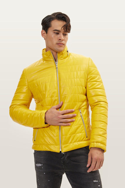 Lambskin Leather Puffer Jacket - Yellow