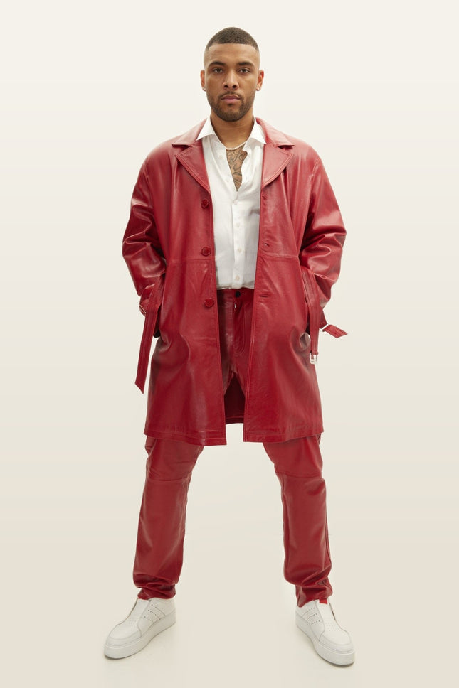 Belted Leather Trench Coat - Valentine Red