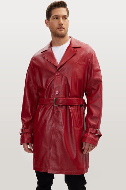 Belted Leather Trench Coat - Valentine Red