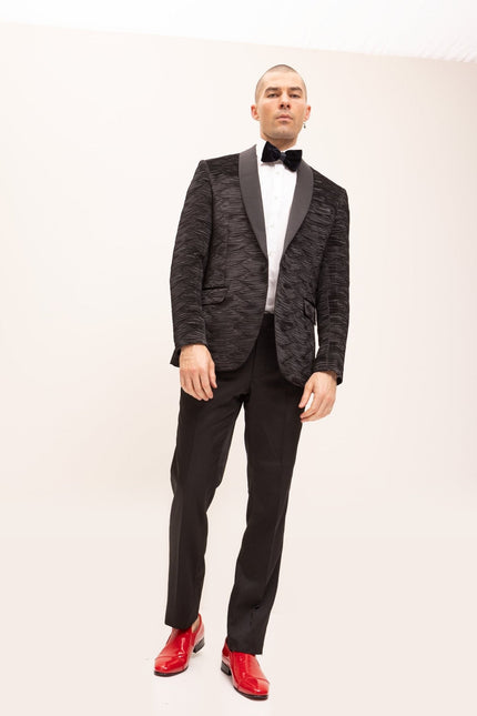 Allover Pleated Satin Tuxedo Jacket - Jet Black