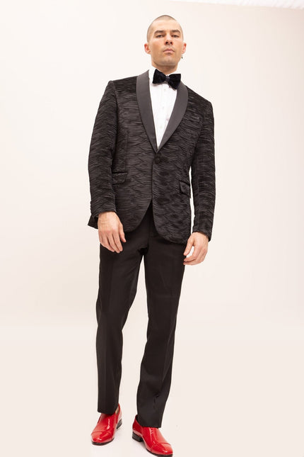 Allover Pleated Satin Tuxedo Jacket - Jet Black