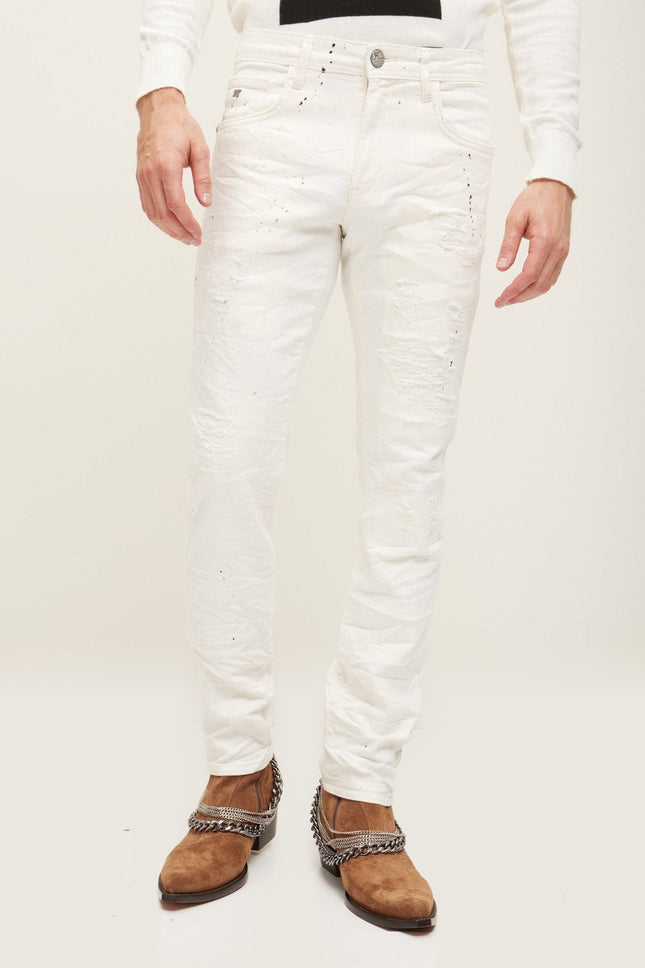 Painted Distressed Cotton Jeans - White