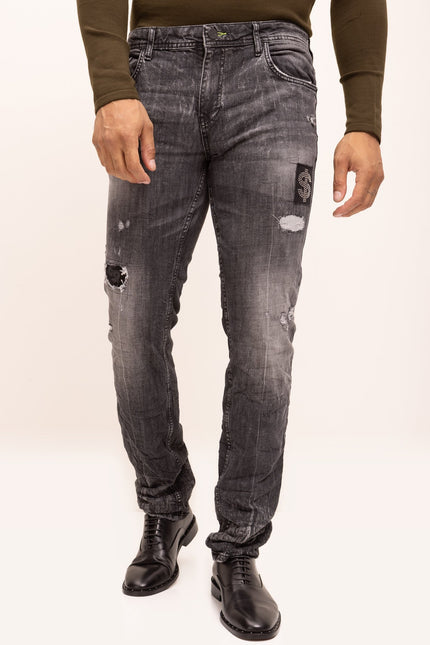 Distressed Stretch Cotton Jeans - Black
