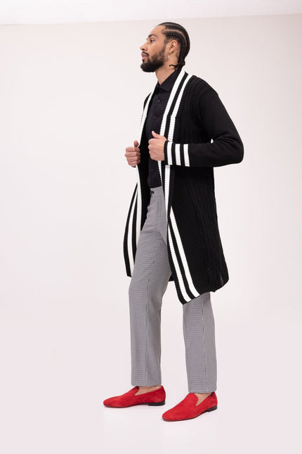 Longline Side Pocket Cardigan - Black White