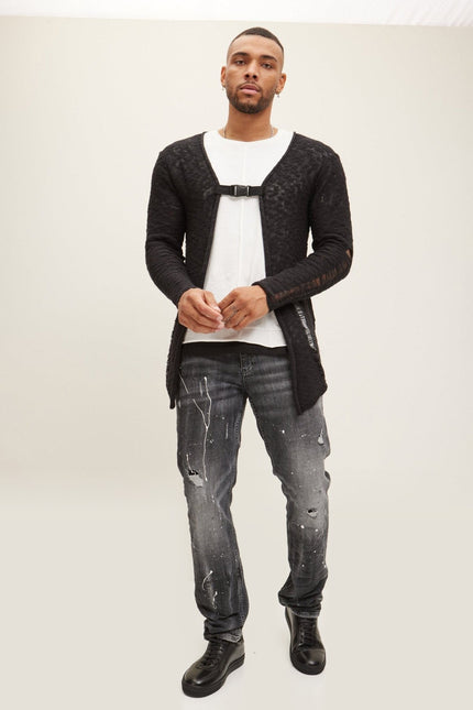 Buckled Long Cardigan - Black White