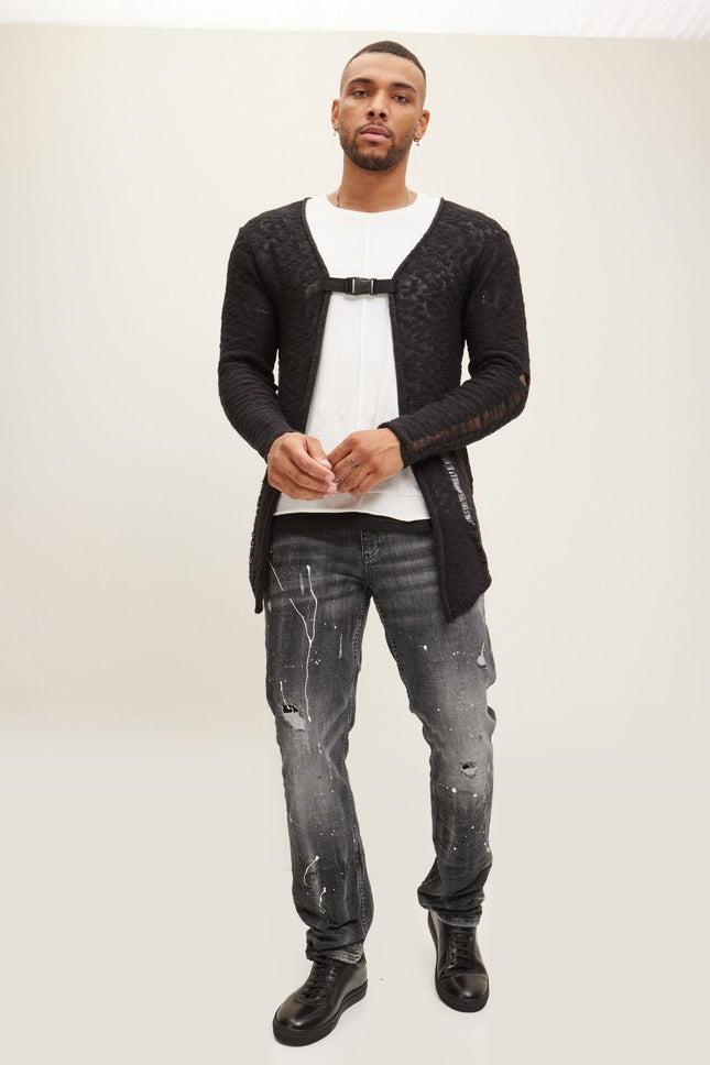 Buckled Long Cardigan - Black White