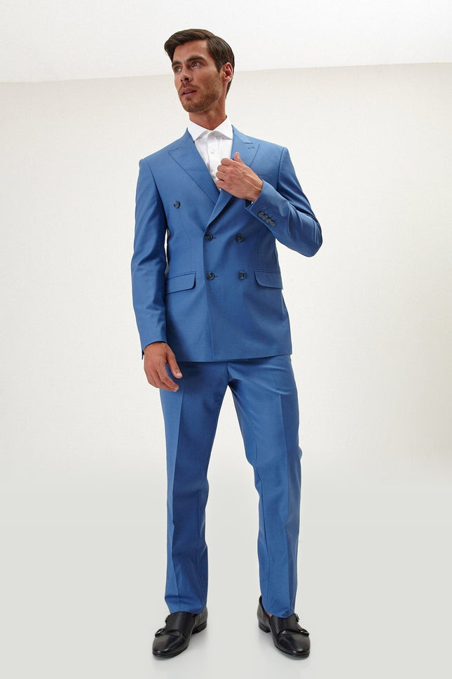 Super 120s Merino Wool Double-Breasted Suit - Provence Blue