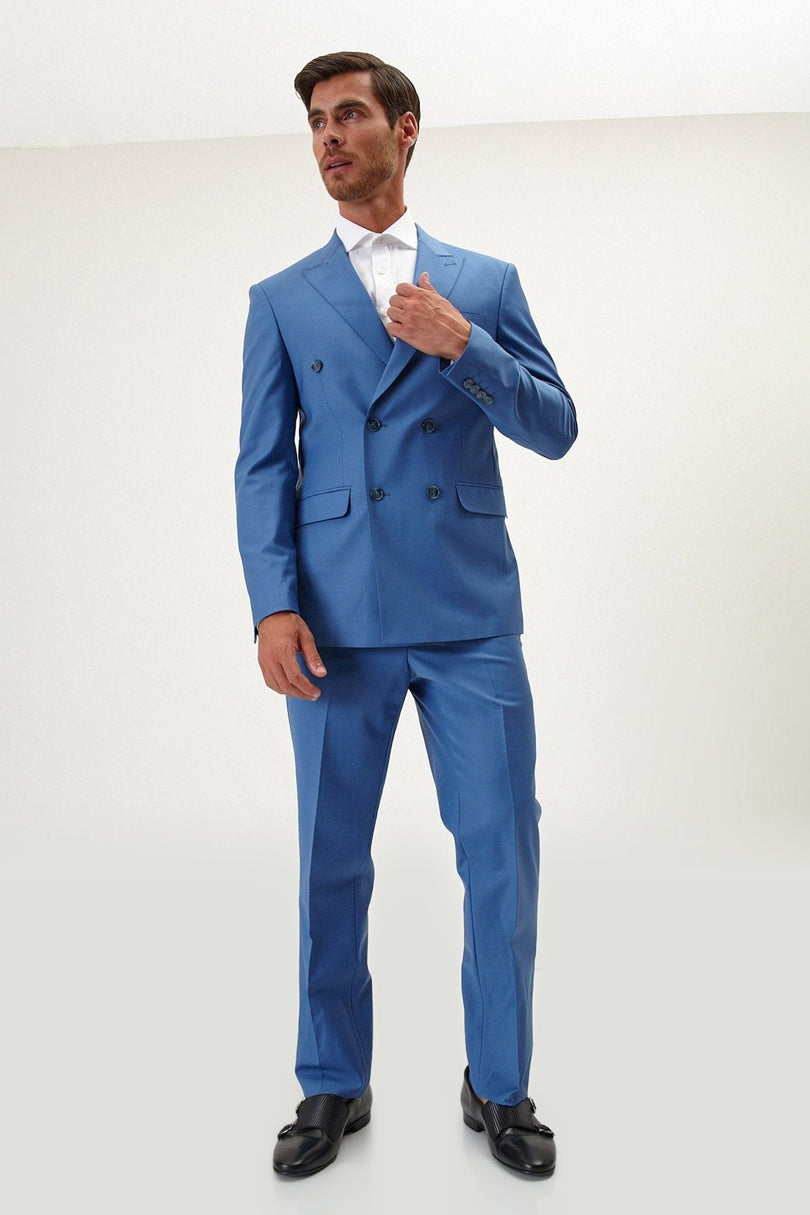 Super 120s Merino Wool Double-Breasted Suit - Provence Blue