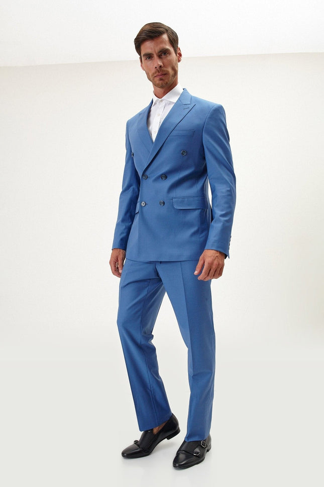 Super 120s Merino Wool Double-Breasted Suit - Provence Blue