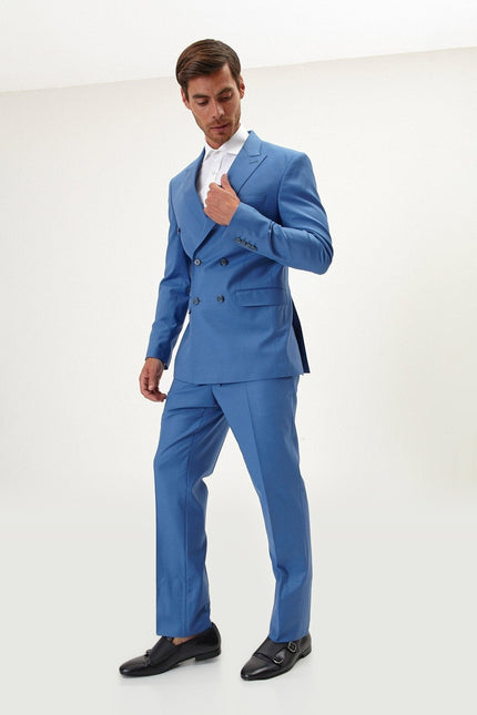 Super 120s Merino Wool Double-Breasted Suit - Provence Blue