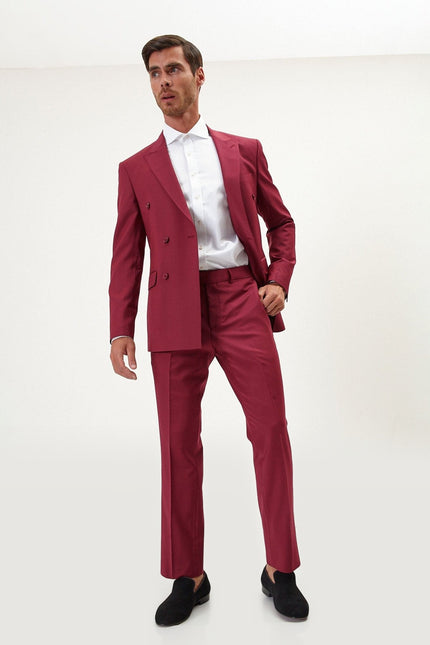 Super 120s Merino Wool Double-Breasted Suit - Burgundy