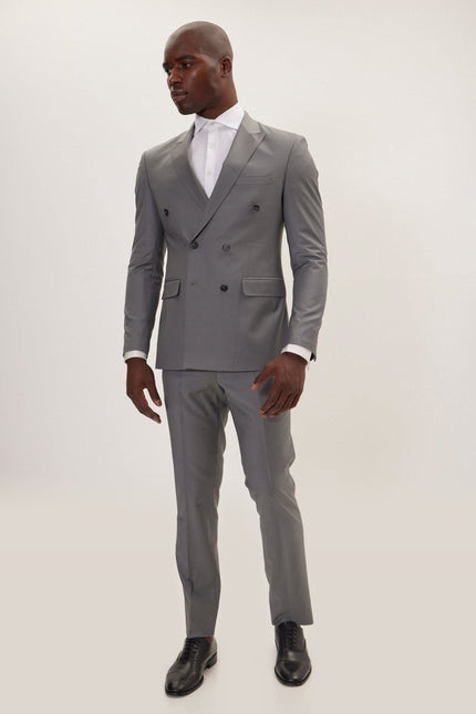 Super 120s Merino Wool Double-Breasted Suit - Dark Grey
