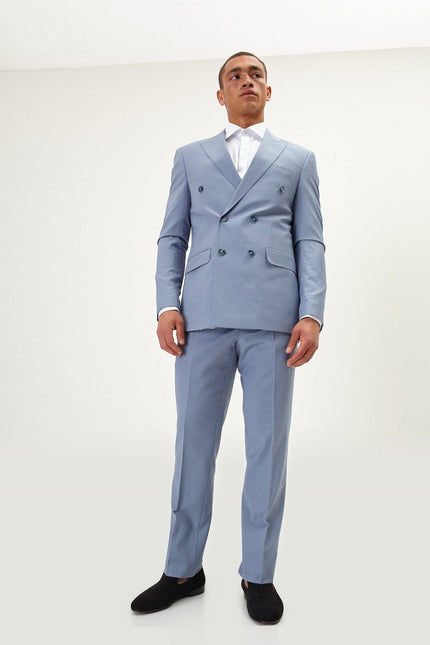 Super 120s Merino Wool Double-Breasted Suit - Monument Grey Ish Blue