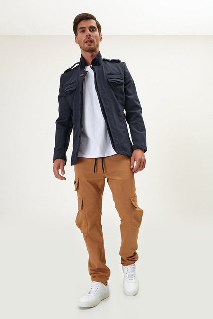 Epaulette Mandarin Collar Field Jacket - Navy