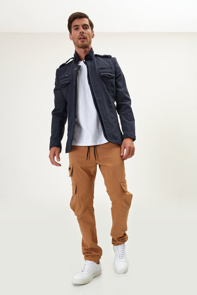 Epaulette Mandarin Collar Field Jacket - Navy