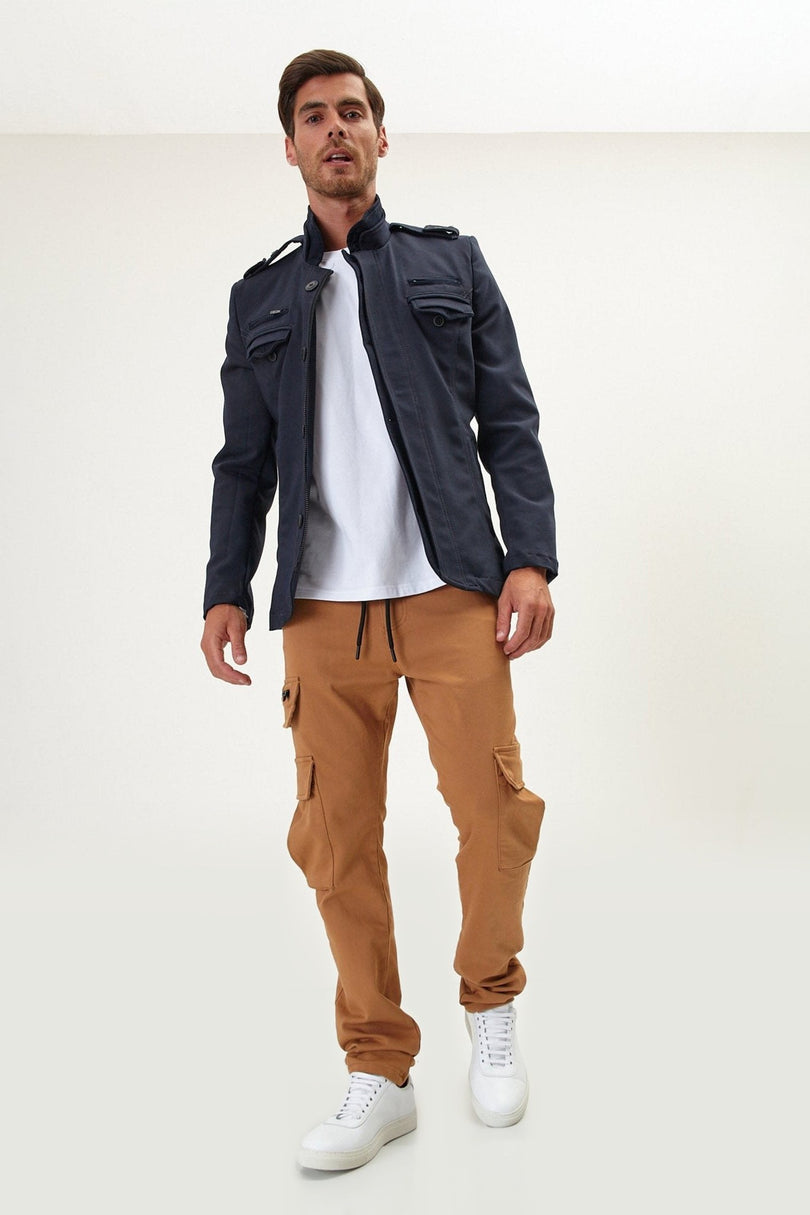 Epaulette Mandarin Collar Field Jacket - Navy