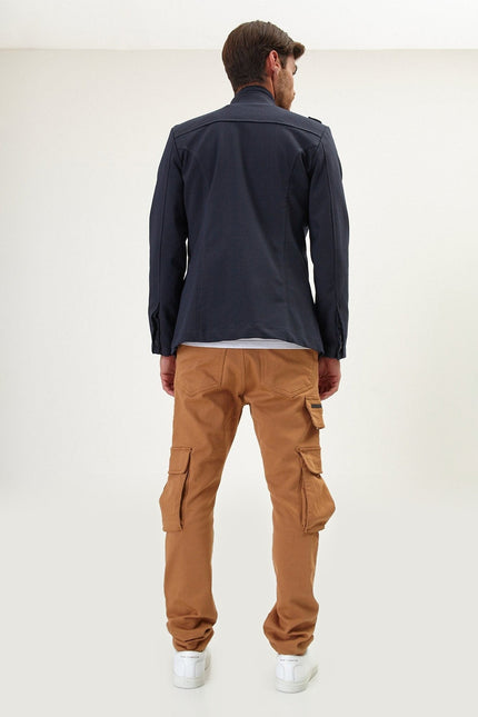 Epaulette Mandarin Collar Field Jacket - Navy
