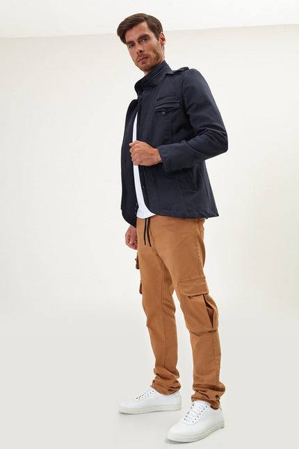 Epaulette Mandarin Collar Field Jacket - Navy