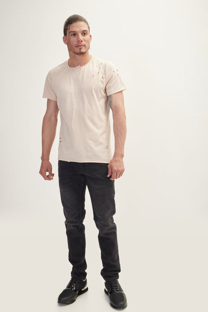 Asymmetric Stitched Distorted T-Shirt - Stone
