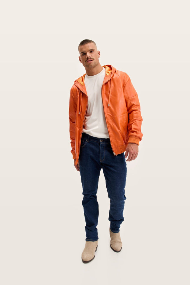 Nappa Lambskin Hooded Bomber Jacket - Orange