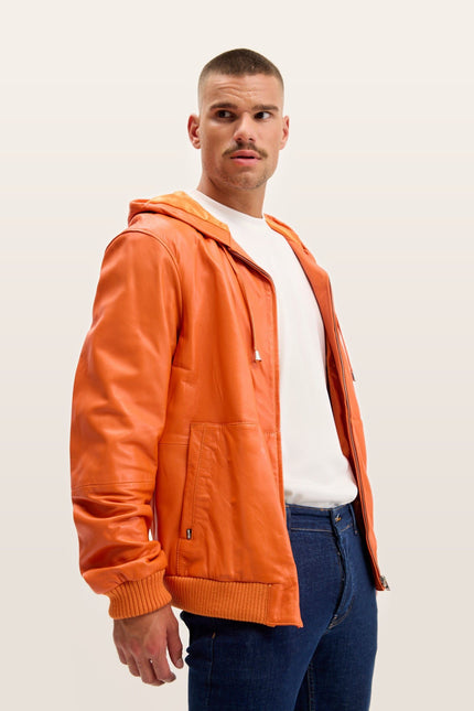 Nappa Lambskin Hooded Bomber Jacket - Orange