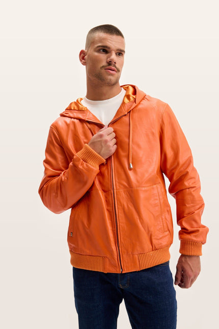 Nappa Lambskin Hooded Bomber Jacket - Orange