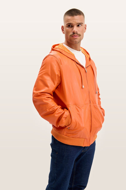 Nappa Lambskin Hooded Bomber Jacket - Orange