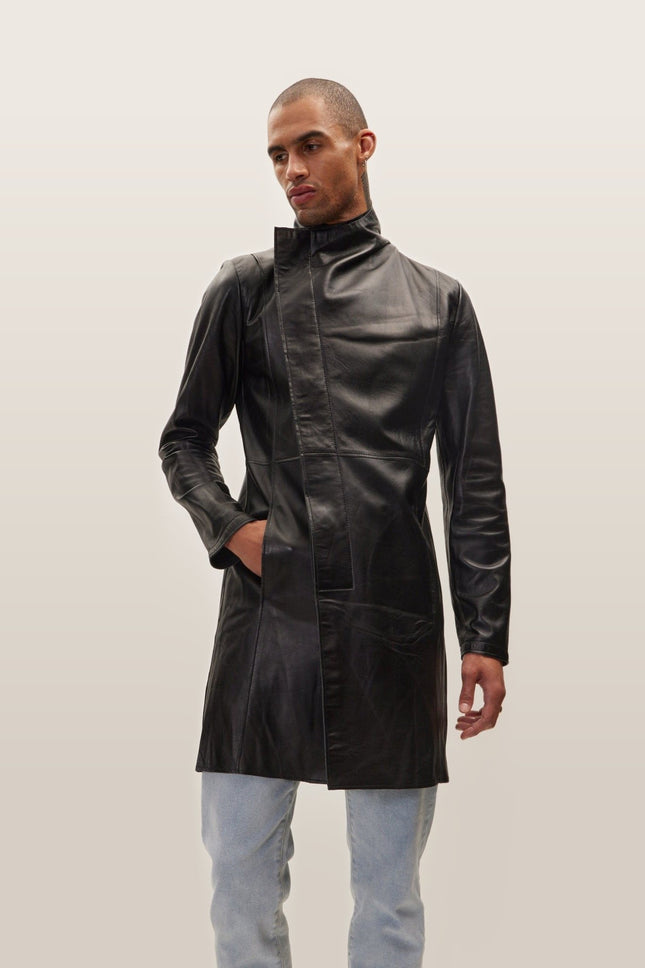 Asymmetric Lambskin Trench Coat - Black