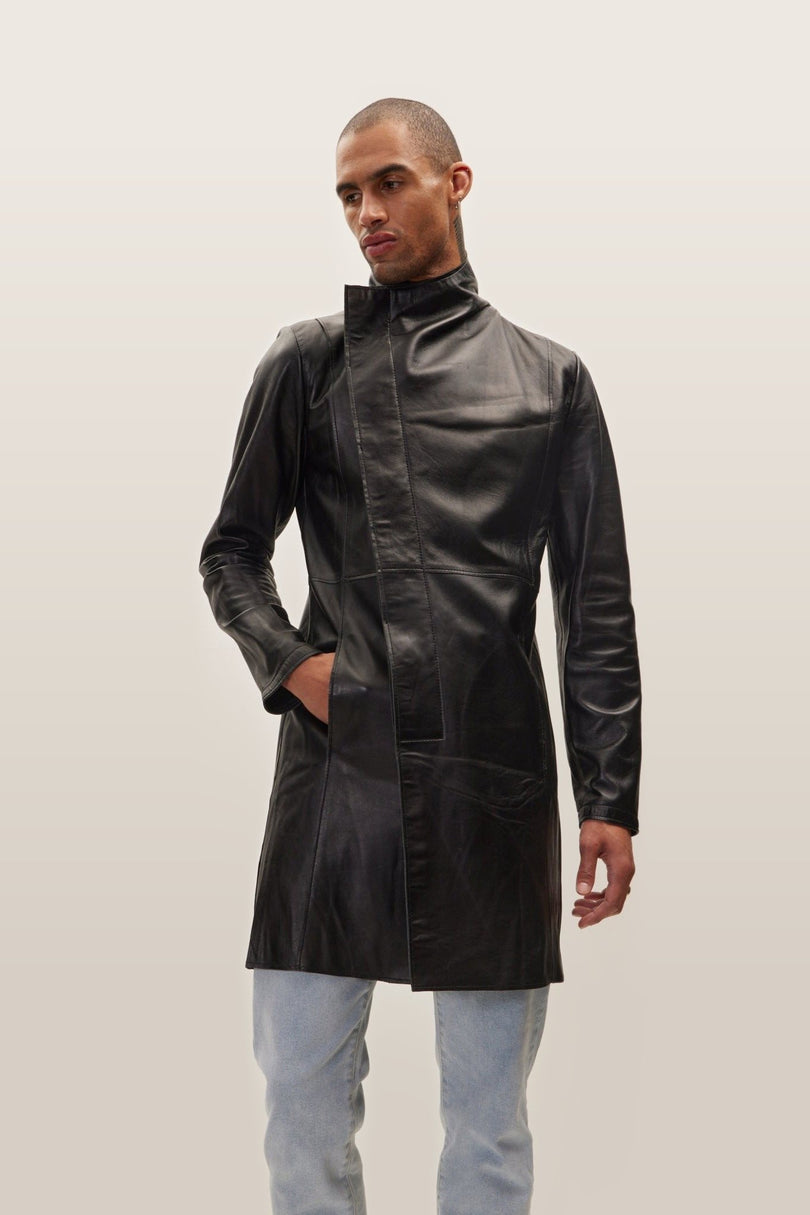 Asymmetric Lambskin Trench Coat - Black