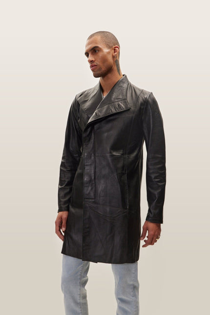 Asymmetric Lambskin Trench Coat - Black