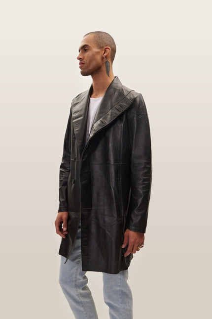 Asymmetric Lambskin Trench Coat - Black