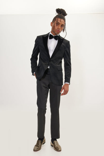 Flocked Velvet Peak Lapel Tuxedo Jacket - Black