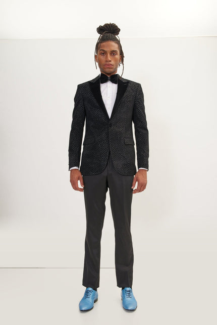 Leopard Flocking Peak Lapel Tuxedo Jacket - Black