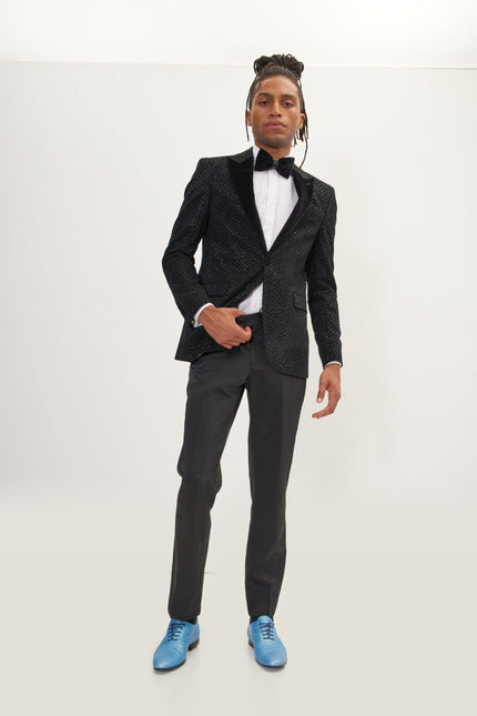 Leopard Flocking Peak Lapel Tuxedo Jacket - Black