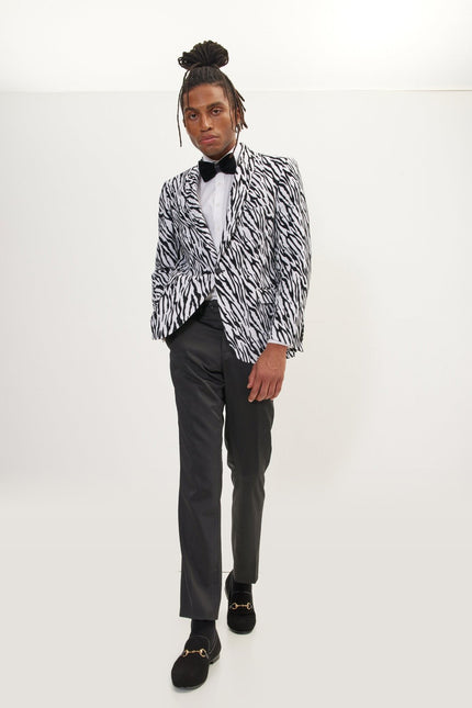 Glitter Glittered Flocking Zebra Velvet Tuxedo Jacket - White