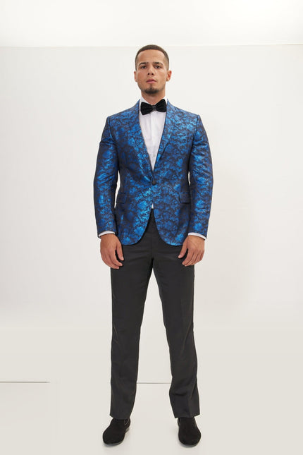 Metallic Foil Shimmer Tuxedo Jacket - Cobalt Blue
