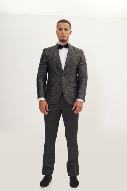 Crack Texture Pleated Metallic Tuxedo Jacket - Black