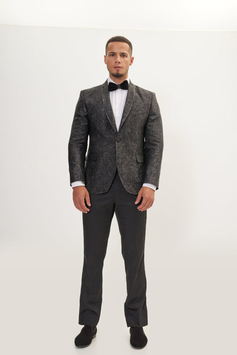Crack Texture Pleated Metallic Tuxedo Jacket - Black