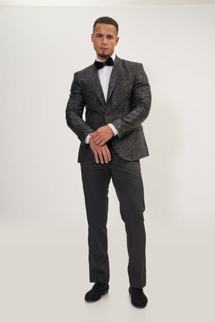 Crack Texture Pleated Metallic Tuxedo Jacket - Black
