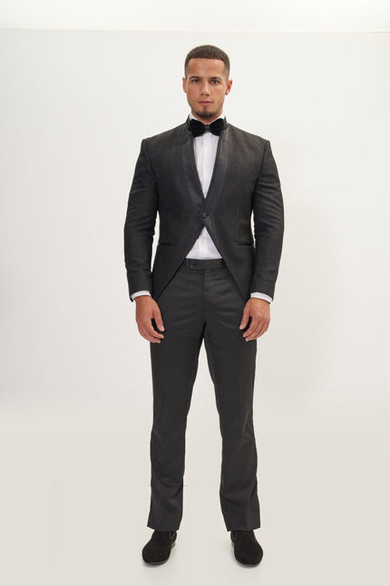 Streaked Satin Mandarin Collar Tuxedo -  Black