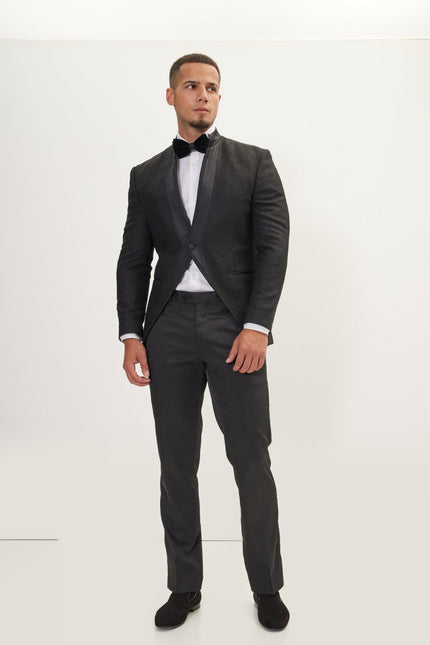 Streaked Satin Mandarin Collar Tuxedo -  Black
