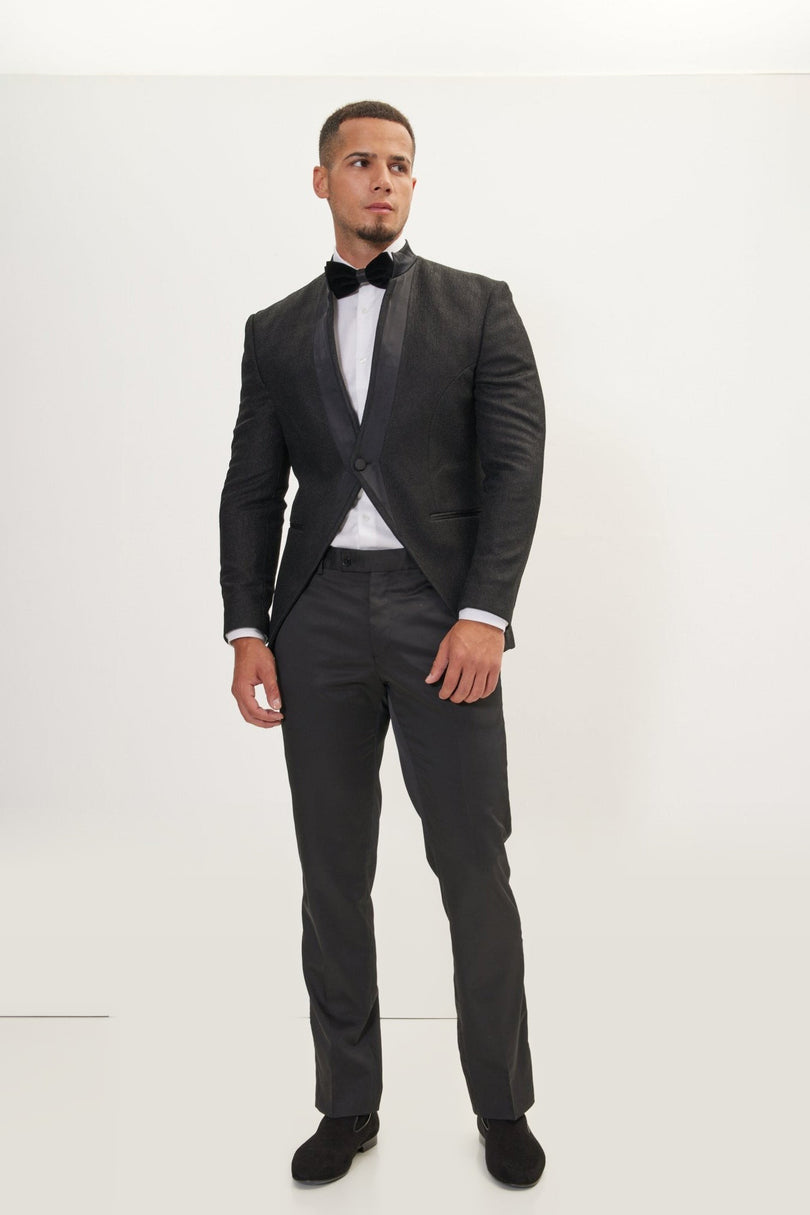 Streaked Satin Mandarin Collar Tuxedo -  Black