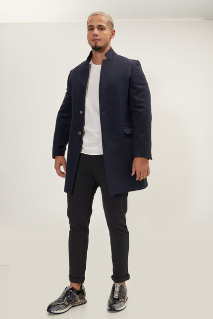 Wool Blend Double-Breasted Overcoat - Navy
