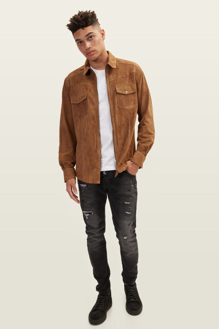 Lambskin Suede Shirt Jacket - Camel