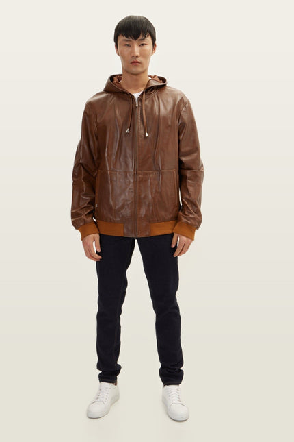 Nappa Lambskin Hooded Bomber Jacket - Brown