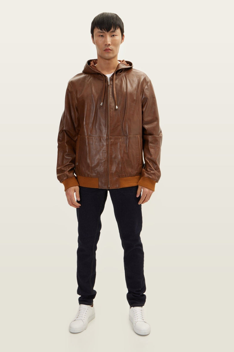 Nappa Lambskin Hooded Bomber Jacket - Brown