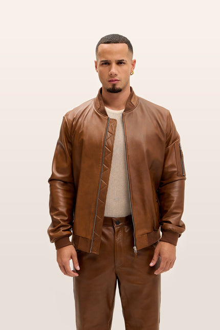 Lambskin Leather Bomber Jacket - Brown