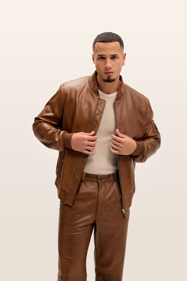 Lambskin Leather Bomber Jacket - Brown